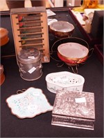Six vintage items: enameled metal tray,