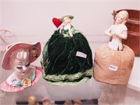 Head vase and two pincushion dolls