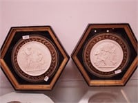 Two plaques depicting Grecian life in hexagonal