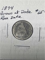 1874-Seated 10 Cent Rare Date