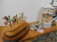 2 carousel music boxes - 3 horse ornaments -