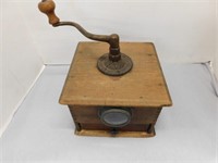 Vintage dovetail wooden coffee grinder, cast