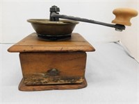 Vintage brass and wooden Adams coffee grinder w/
