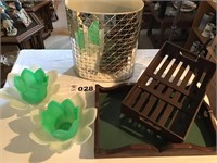 CANDLE HOLDERS, TRAYS, MIRRORED TRASHCAN