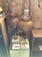 VINTAGE AMBER GLASS TABLE LAMPS W MARBLE BASES