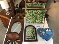 WOOD SHELVES, MIRROR, PLAQUE, SEWING BASKET