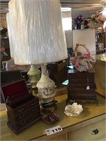 TABLE LAMP, JEWERLY BOXES & HOLDER, VINTAGE