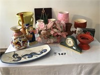 VASES, CLOCK, STATUETTE, CANDLE HOLDER, DISHES,