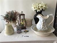 WASHBOWL & PITCHER, FLOWERS, DECORATIVE CONTAINER
