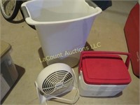 small cooler trash can and fan