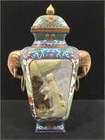 Cloisonné Enameled Vase w/ Jade Inlay High Relief