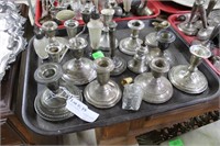 Tray lot assorted Sterling weighted candlesticks,
