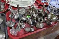 Tray lot assorted Sterling candlesticks, pitcher,
