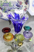Five crystal salts & 7" free form cobalt vase