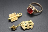10kt fraternal pins & 10kt ruby colored ring - 10.