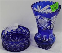 Two cut clear cobalt pieces: 7" vase & 4.5" wine c