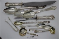 Assorted sterling spoons, ladles, tongs 290gtw + s