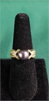 Marked 14K Gold Ring w/Grey Pearl Sz 8-
