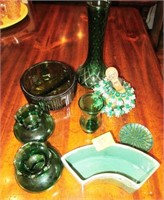 VINTAGE GREEN GLASS GROUPING