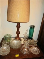 WOODEN LAMP AND CRYSTAL BOWL ASSORTMENT