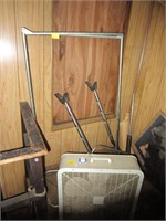 ASSORTED CLOTHES RACKS AND BOX FAN