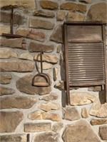 Two antique hooks and antique washboard