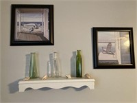 Small wood shelves painted white, two framed