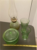 Green glass oil lamp, glasses, covered dish