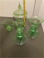 Green glass candy dish, candleholders, cream and