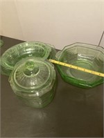 Green glass dishes, bowls, cookie jar