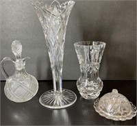 Cut glass and Other Vase, Decanter, Butter Dish