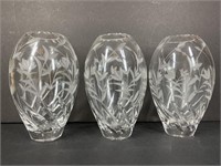 3 Pc Etched Glass Vases
