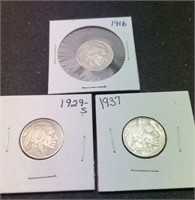 1916 AU, 1929-S VF, 1937 BU Buffalo Nickels