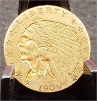 1909 $2 1/2 Gold Indian Quarter Eagle  AU+