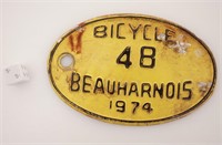 *Licence / plaque Bicycle Beauharnois 1974
