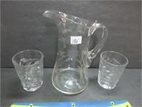 ELEGANT ETCHED PITCHER + 2 GLASSES