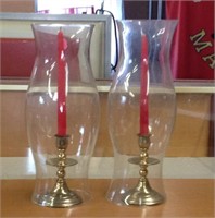 Pair of candlestick holders and large glass shades