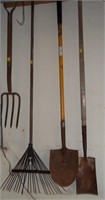 4 Garden Tools-Shovels- Spring Rake-Pitch Fork