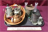 Tray With Wood Bowl, Child's Teapots, Sifter,