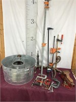 Galvanized Tub, Vise, Clamps, Water Can, Andirons