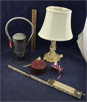 Railroad Lantern & Small Iron Lamp & Wood Rule +
