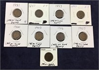 Nine Indian Head Pennies 1881- 1907