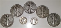 5 Silver Walking Liberty Half Dollars & 2 Silver