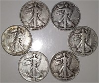 Six 90% Silver Walking Liberty Half Dollars