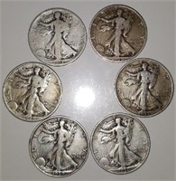 Six 90% Silver Walking Liberty Half Dollars