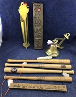 4 Mini Bats & Brass Bell & Brass Match Holder +