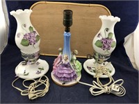 3 Lady Lamp & Hand Painted Milkglass Lamps +