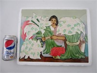 Plaque mural dame + fleurs émail 11 x1 4