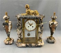 French Egyptian ormulu marble clock garniture