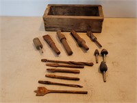 Various Drill Bits in Vintage Wood Box 5 1/4inWx